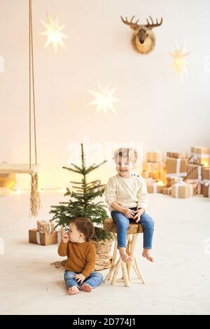 Portrait of a little handsome brothers leaned on a wooden chair near the Christmas tree in a white christmas decorated Stock Photo