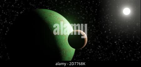3D illustration of two planets in outer space with sun and stars, wallpaper or background, conceptual astronomy, science fiction, fantasy, futuristic Stock Photo