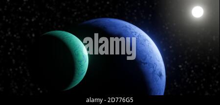 3D illustration of two planets in outer space with sun and stars, wallpaper or background, conceptual astronomy, science fiction, fantasy, futuristic Stock Photo