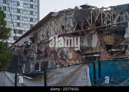 process of demolishing the entertainment complex and the Korston hotel in Moscow Stock Photo