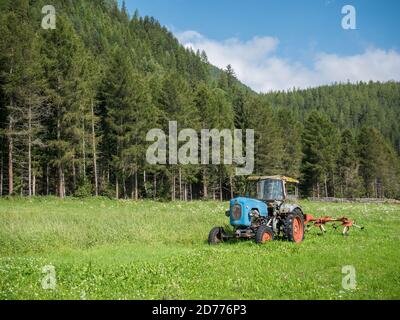 Vintage tractor on a green meadow in front of a mountain forest. Scene near Längenfeld, Tyrol, Austria Stock Photo