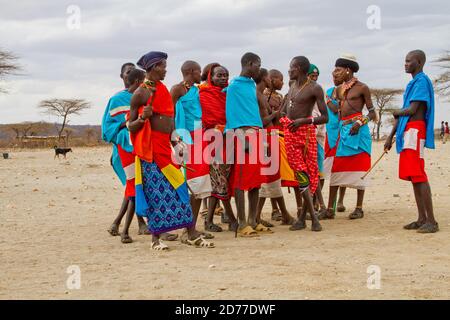 Members of the Samburu tribe in a traditional dance, Kenya. The Samburu are a Nilotic people of north-central Kenya. Samburu are semi-nomadic pastoral Stock Photo