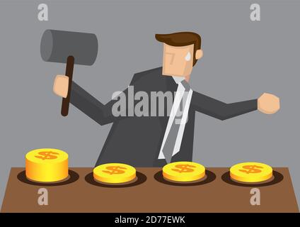 Business executive holding a mallet trying to whack the money popping out of hole on arcade game machine, Vector illustration for business concept and Stock Vector
