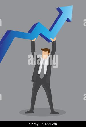 Cartoon business professional lifting a big blue up arrow. Creative vector illustration on business growth concept isolated on grey background. Stock Vector