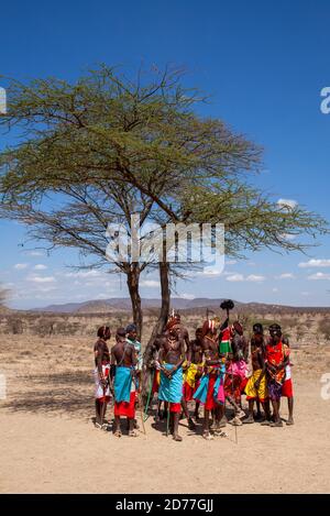 Members of the Samburu tribe in a traditional dance, Kenya. The Samburu are a Nilotic people of north-central Kenya. Samburu are semi-nomadic pastoral Stock Photo