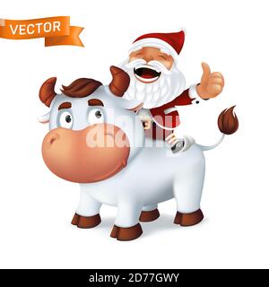 Funny silver Ox animal symbol of the year in the Chinese zodiac calendar with Santa Claus on his back. Cartoon vector illustration of smiling bull and Stock Vector