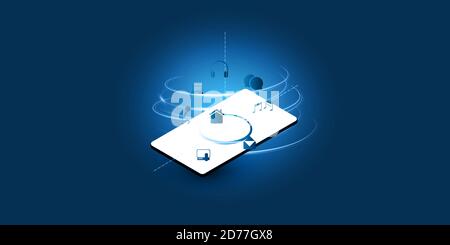Abstract Blue Minimal Style Cloud Computing, Networks, Consumer Mobile Telecommunications Concept Design with Mobile Phone, Flowing Data, Icons Repres Stock Vector