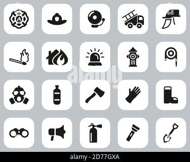 Firefighter & Firefighter Equipment Icons Black & White Flat Design Set Big Stock Vector