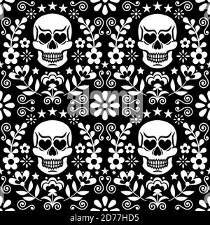 Mexical skull and flowers vector seamless pattern, white Halloween and Day of the Dead floral repetitive design on black - folk art style Stock Vector