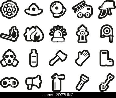 Firefighter & Firefighter Equipment Icons White On Black Sticker Set Big Stock Vector