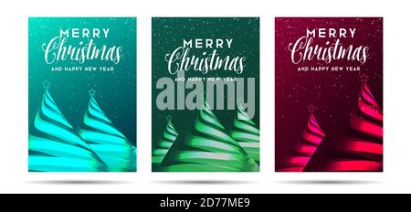Set of cards or posters for Merry Christmas and happy new year greeting with stylized ribbon Christmas tree with star and calligraphy signature Stock Vector