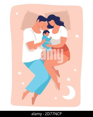 A young family sleeps with a child. Daddy and mommy are sleeping on the bed hugging the baby. Flat vector illustration isolated on white background Stock Vector