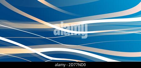 Abstract blue background with white and golden stripes in chaotic movement forming texture for presentation cover Stock Vector