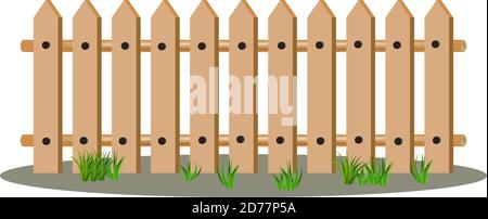 Cartoon wooden fence and grass, picket on the top. Vector illustration isolated on white background. Good for cartoon props and decor. Stock Vector