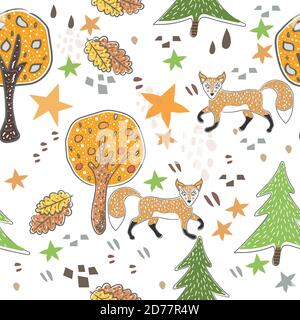 Seamless Pattern with cute hand drawn Fox. Scandinavian Style. Vector Illustration Stock Vector
