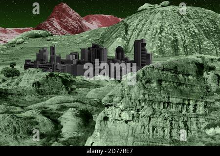 A fantasy image of an alien city on a mysterious world. Stock Photo