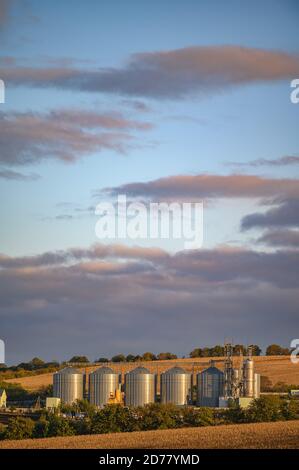 Grain storage silos, shiny metal tanks for grain at Rogojeni railway station in Moldova Stock Photo