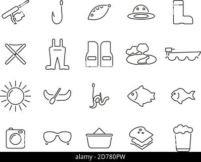 Fishing & Fishing Equipment Icons Black & White Thin Line Set Big Stock Vector