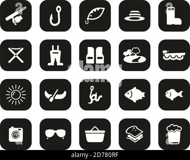 Fishing & Fishing Equipment Icons White On Black Flat Design Set Big Stock Vector
