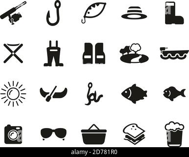 Fishing & Fishing Equipment Icons Black & White Set Big Stock Vector