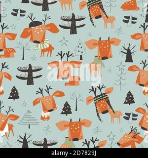 Seamless pattern with cute cartoon little deers in the forest Stock Vector