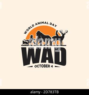 Vintage emblem World Animal Day with graphic animals and sunset. The concept of an ecological holiday. Vector illustration EPS.8 EPS.10 Stock Vector