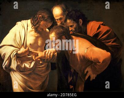 Title: The Incredulity of St. Thomas Creator: Michelangelo Caravaggio  Date: 1602-03 Medium: oil on canvas Dimensions: 107 x 146 cm Location: Schloss Sanssouci, Potsdam Stock Photo