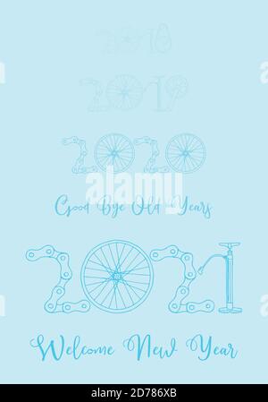 2021 Bicycle Happy New Year welcome vector card illustration on baby blue background Stock Vector