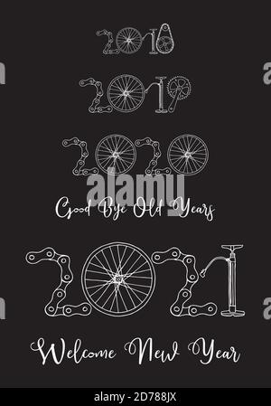 2021 Bicycle Happy New Year welcome vector card illustration on black background Stock Vector