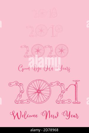 2021 Bicycle Happy New Year welcome vector card illustration on pink background Stock Vector