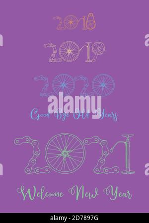 2021 Bicycle Happy New Year welcome vector card illustration on purple background Stock Vector