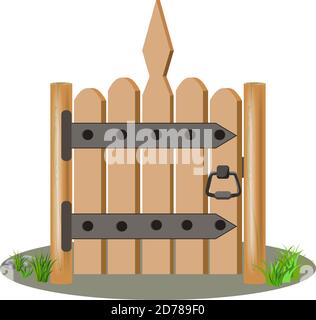 Vector cartoon wooden door with green grass and stones on the sides. Cartoon illustration decor and props, isolated on white background. Stock Vector