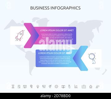 Infographics rectangle with 2 steps, arrows. Vector template used for diagram, business, web, banner, workflow layout, presentations, flowchart Stock Vector