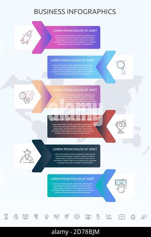 Infographics rectangle with six steps, arrows. Vector template used for diagram, workflow layout, presentations, info graph, timeline, content, levels Stock Vector