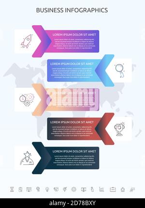 Infographics rectangle with 5 steps, arrows. Vector template used for diagram, flowchart, info graph, timeline, content, levels, chart, processes Stock Vector