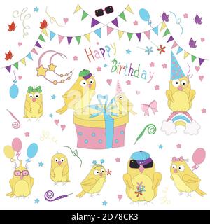 Nine cute birds at a fun birthday party with balloons and hats and gifts, glasses Stock Vector