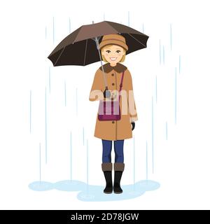 Woman holding umbrella under the rain. Isolated vector illustration Stock Vector
