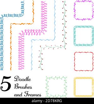 Vector set of five hand drawn brushes with corner tiles. Seamless pattern of different colors for frames, borders and design elements. Vector isolated Stock Vector