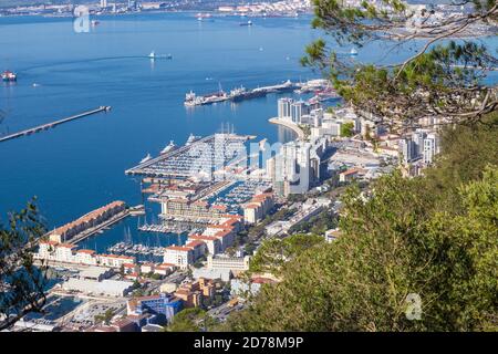 Gibraltar, View from Gibraltar rock of town, Queensway Quay and small boats marina Stock Photo