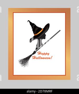 Halloween holiday greeting card with lettering Happy Halloween and beautiful witch girl in hat and bats silhouettes over white background Stock Vector