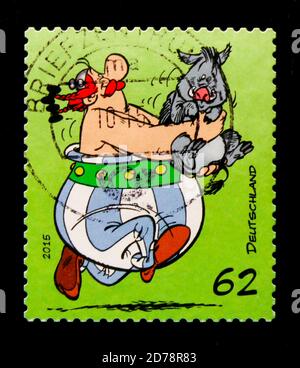 MOSCOW, RUSSIA - OCTOBER 21, 2017: A stamp printed in German Federal Republic shows Obelix, serie, circa 2015 Stock Photo