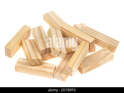 Stack wooden blocks  isolated on a white background. Wooden Blocks disrupted and building on white background Stock Photo