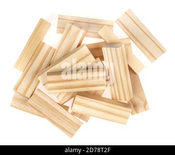 Stack wooden blocks  isolated on a white background. Wooden Blocks disrupted and building on white background Stock Photo