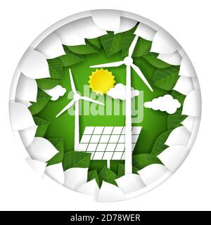 Green energy logo. Paper cut windmills and solar panels. Vector illustration in paper art style. Stock Vector