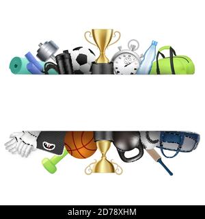 Sport poster, frame template. Vector illustration. Fitness gym accessories, equipment for soccer, basketball games. Stock Vector