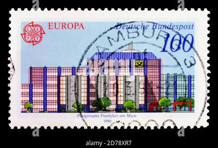 MOSCOW, RUSSIA - OCTOBER 3, 2017: A stamp printed in Germany Federal Republic shows Post Office (Postgiroamt) Frankfurt on Main, Europa (C.E.P.T.) 199 Stock Photo