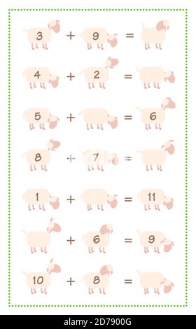 Addition game sheet, simple math fun with comic sheep - illustration on white background. Stock Photo