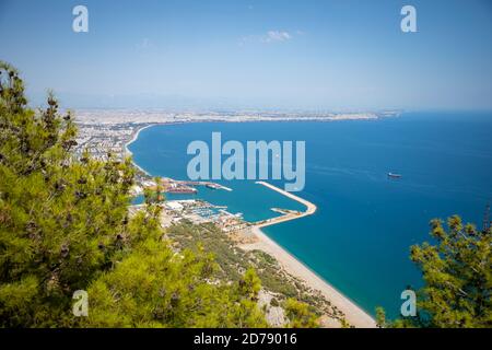 Aerial view of beautiful blue Gulf of Antalya, Konyaalti beach and popular seaside, Antalya, Turkey Stock Photo