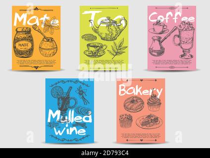 Hot drink card template set. Vector hand drawn Stock Vector
