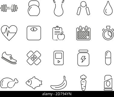 Fitness & Fitness Equipment Icons Black & White Thin Line Set Big Stock Vector